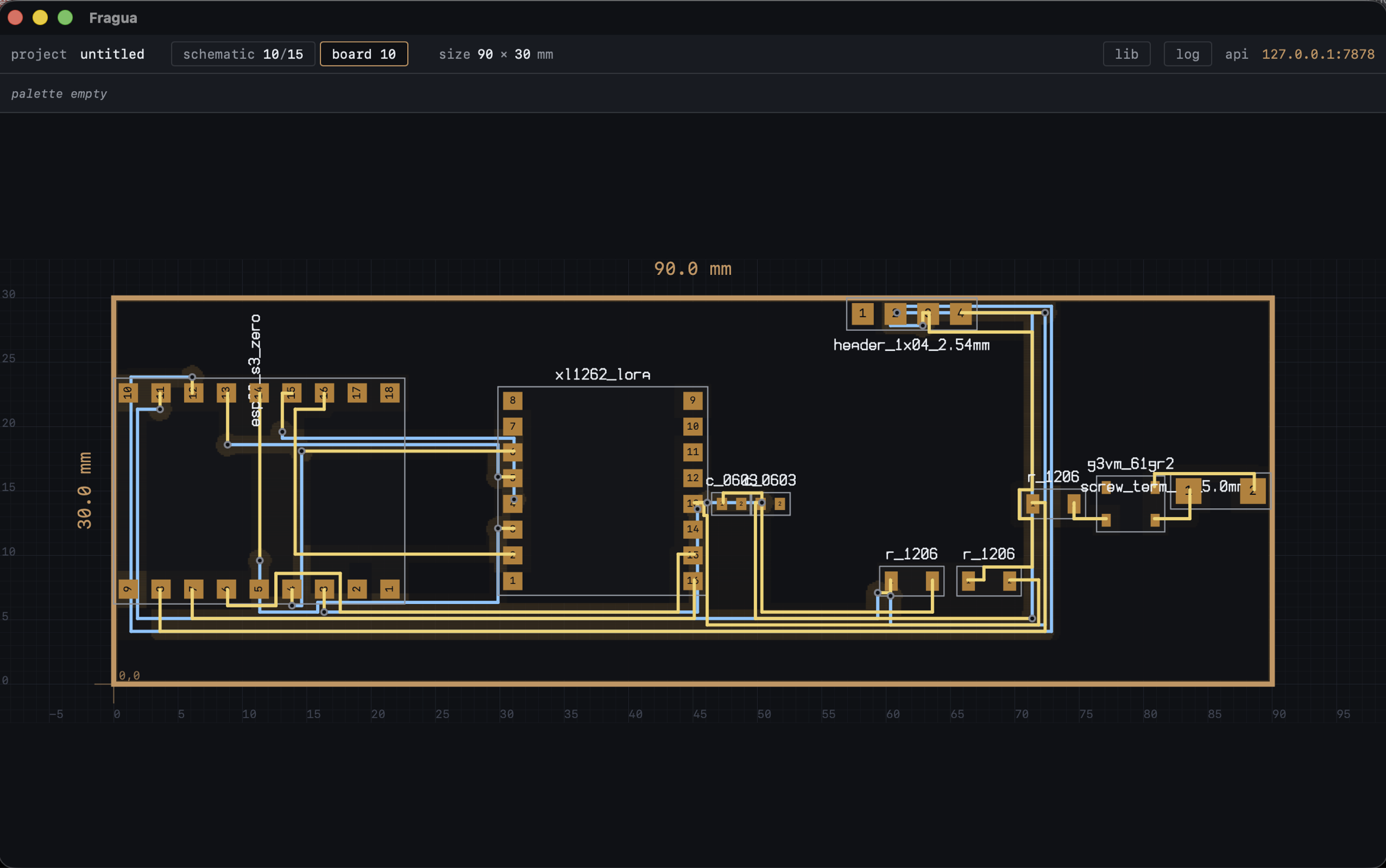 Fragua desktop app showing a routed PCB with the activity log and library panes open